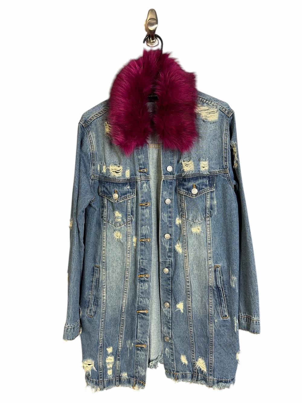 Mustard Seed Distressed Denim Long Overside Jacket w/ Faux Fur Collar Women's L - Picture 2 of 6